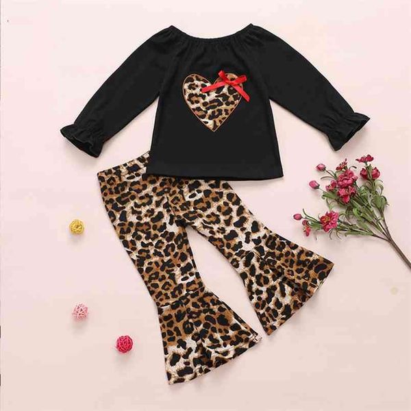 girls clothing sets spring autumn one-shoulder leopard print love sewing + flared pants 2pcs outfits for 2-6y 210528, White
